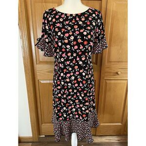 Talbots Womens Dark Floral Jewel Neck Shift Dress S/S Flutter‎ Size 2 Black Pink